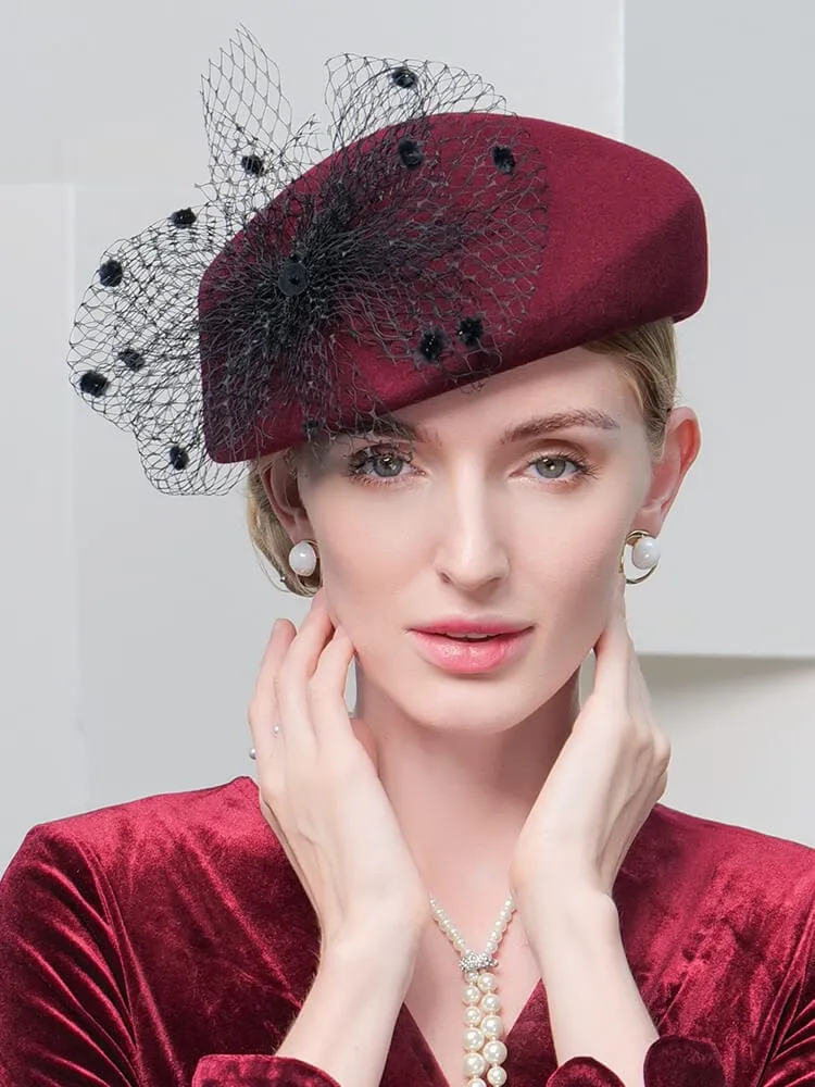 100% Wool Floral Beret Hat With Veil Women's Fascinators Hat