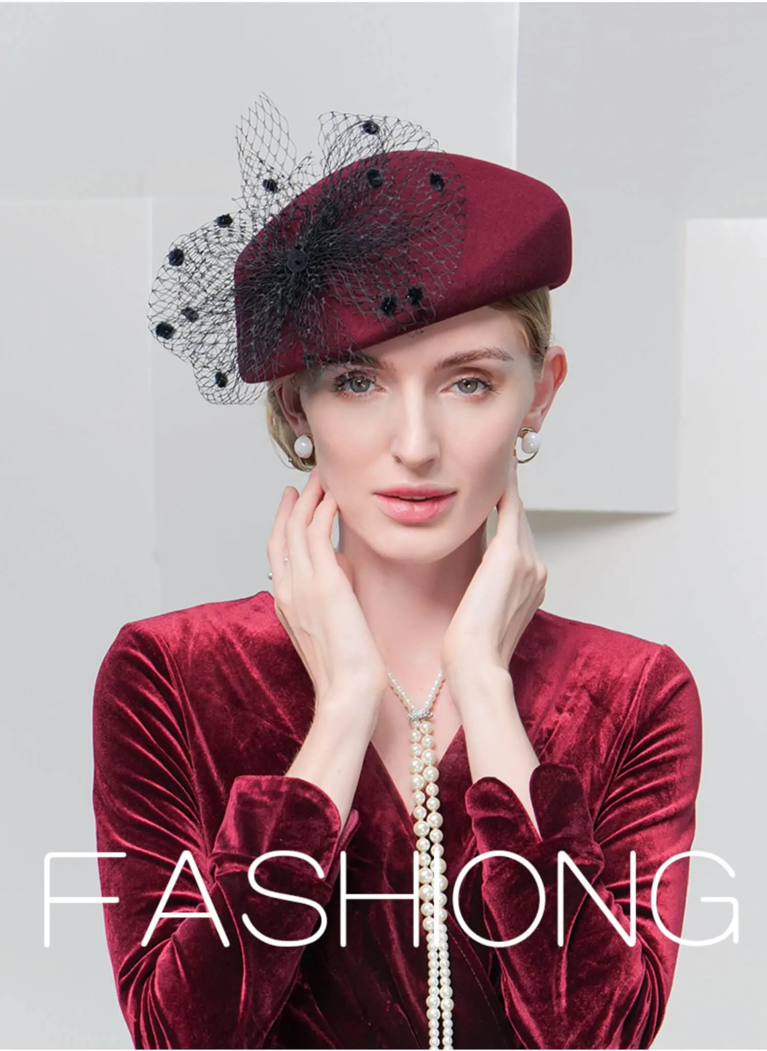 100% Wool Floral Beret Hat With Veil Women's Fascinators Hat