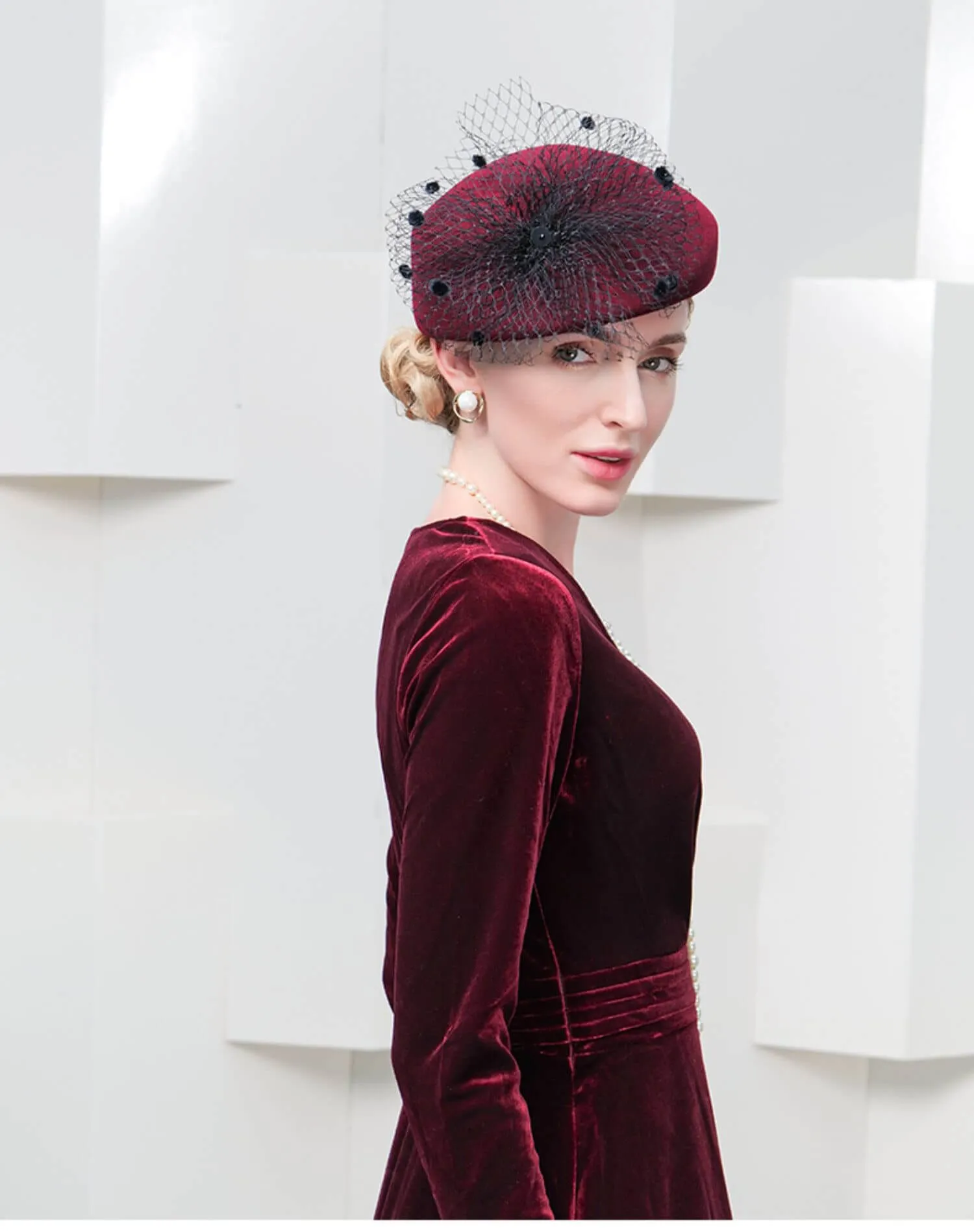 100% Wool Floral Beret Hat With Veil Women's Fascinators Hat