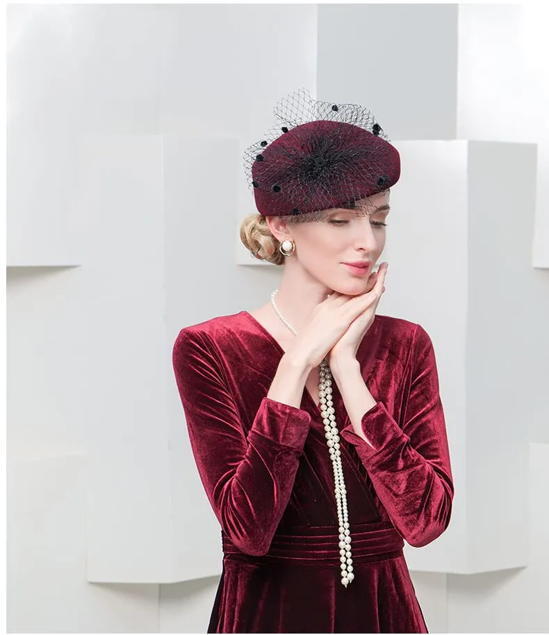 100% Wool Floral Beret Hat With Veil Women's Fascinators Hat