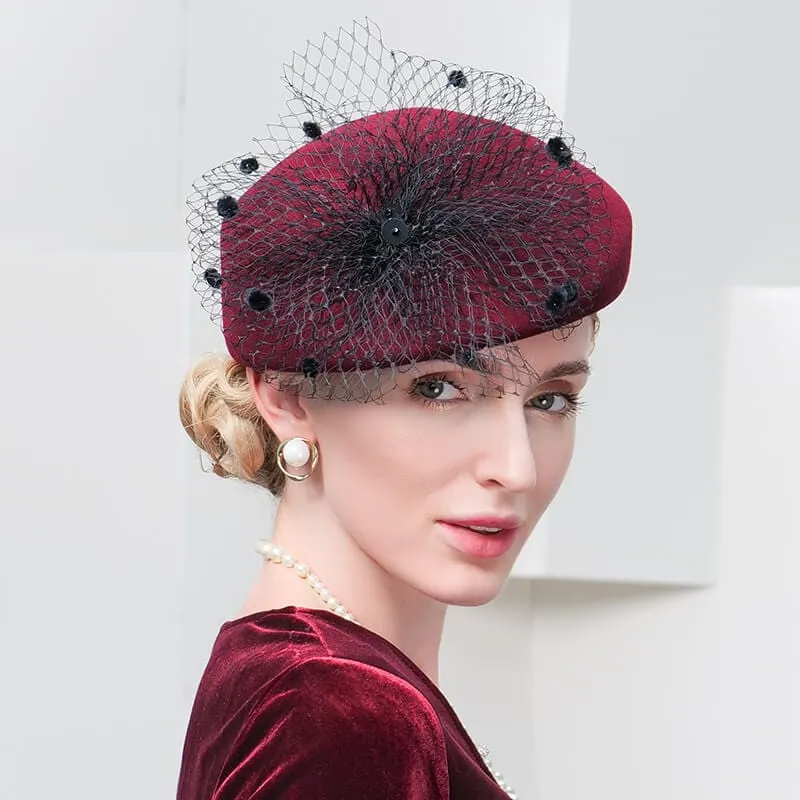 100% Wool Floral Beret Hat With Veil Women's Fascinators Hat