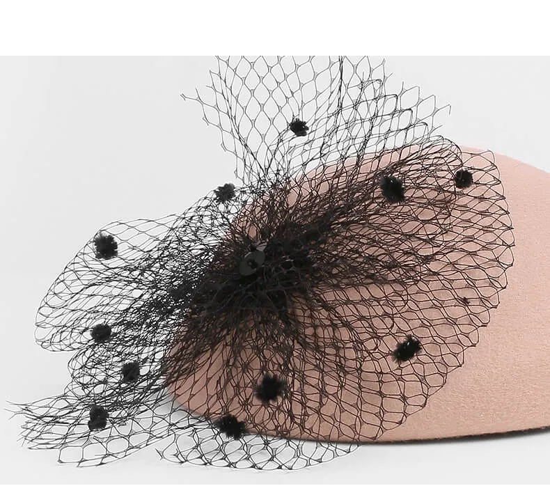 100% Wool Floral Beret Hat With Veil Women's Fascinators Hat