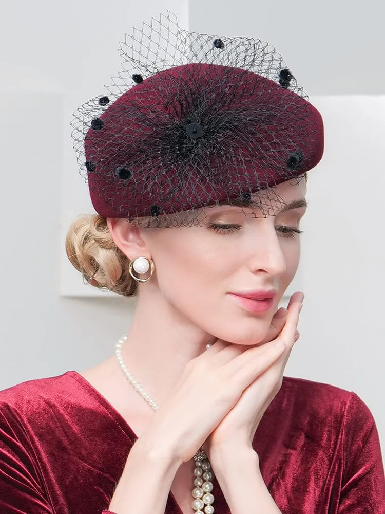 100% Wool Floral Beret Hat With Veil Women's Fascinators Hat