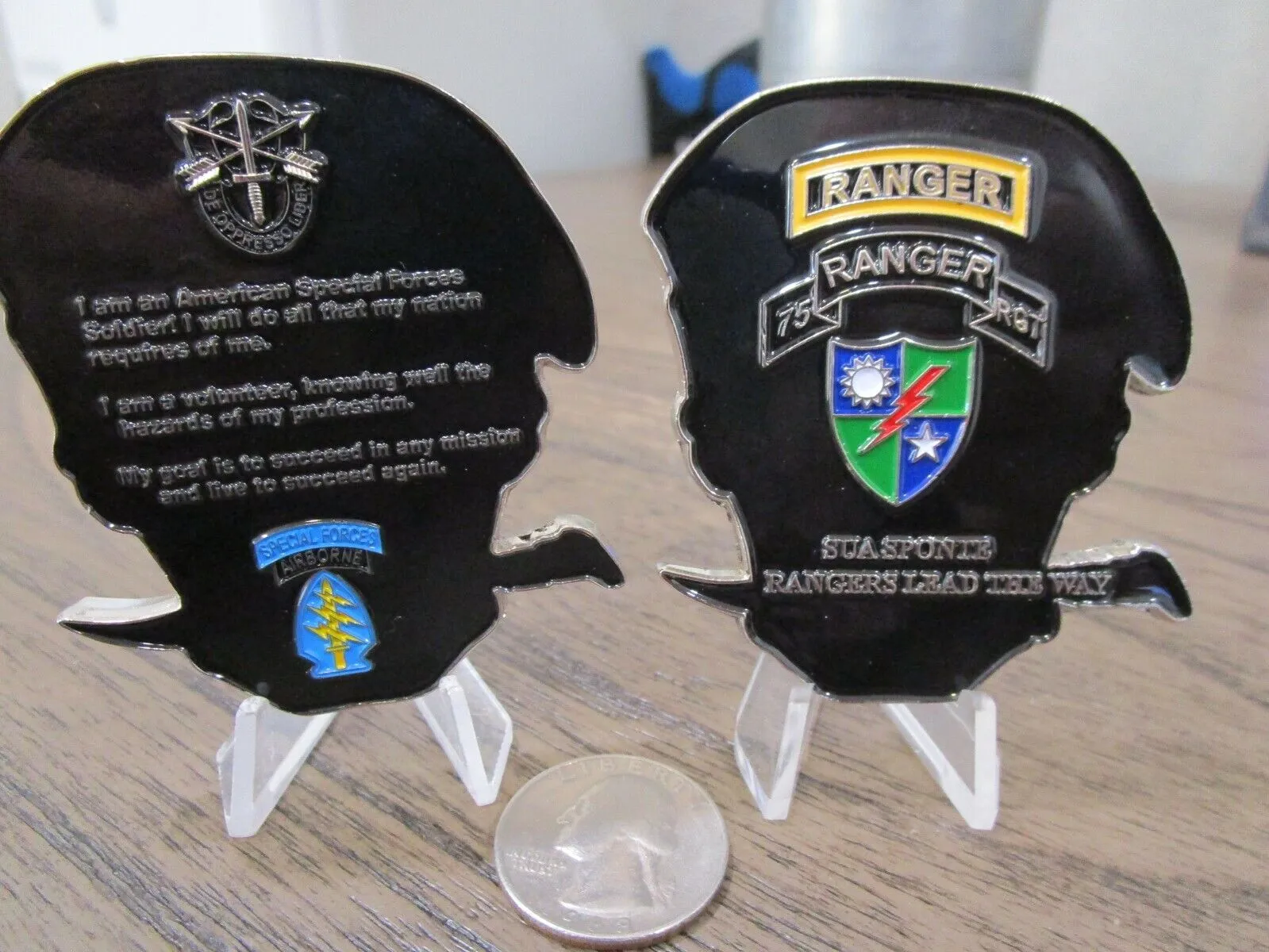 2 US Army Special Forces Challenge Coins Green Berets Creed & 75th Ranger RGT