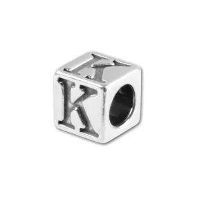Alphabet Bead, Cube Letter "K" 5.6mm, Sterling Silver (1 Piece)