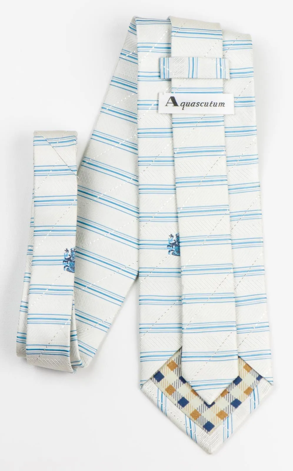 Aquascutum Men's Woven Silk Necktie Blue Stripes On White With Silver Sparkles