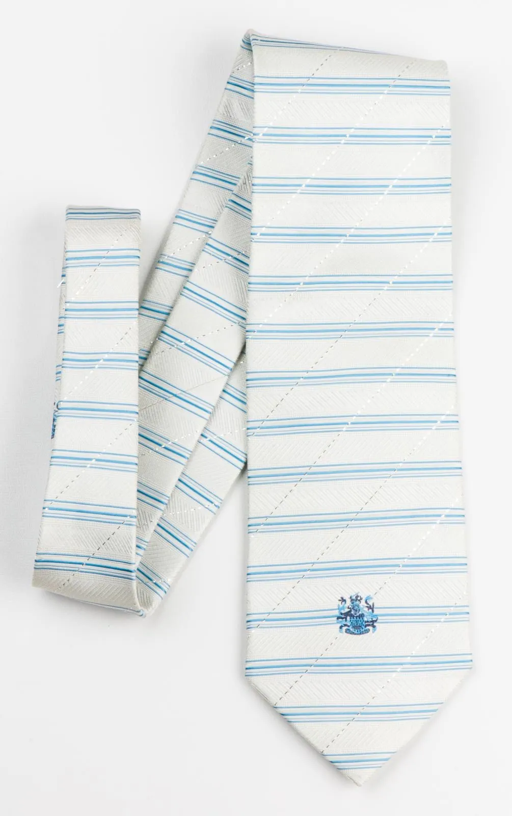 Aquascutum Men's Woven Silk Necktie Blue Stripes On White With Silver Sparkles