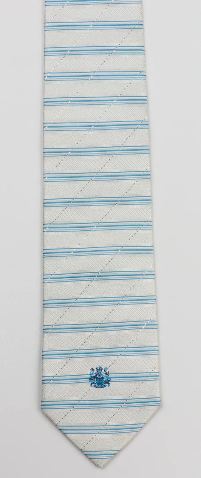 Aquascutum Men's Woven Silk Necktie Blue Stripes On White With Silver Sparkles