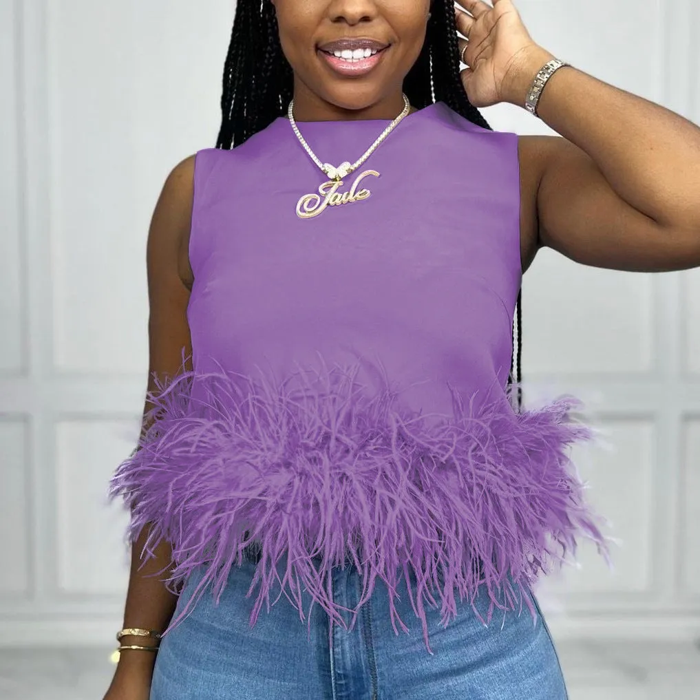 Back Zip Sleeveless Panel Feather Tank Top T-Shirt