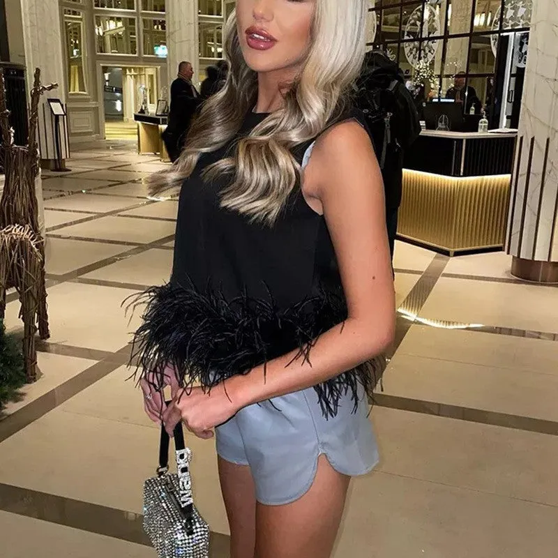 Back Zip Sleeveless Panel Feather Tank Top T-Shirt