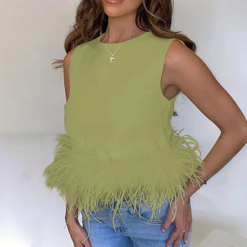 Back Zip Sleeveless Panel Feather Tank Top T-Shirt