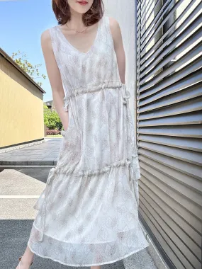Beige Leafs Side Adjusted Tiers Cinched Panel Maxi-Dress