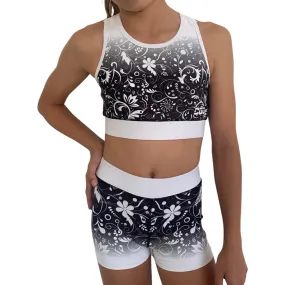 Black and White Floral Crop Top Set