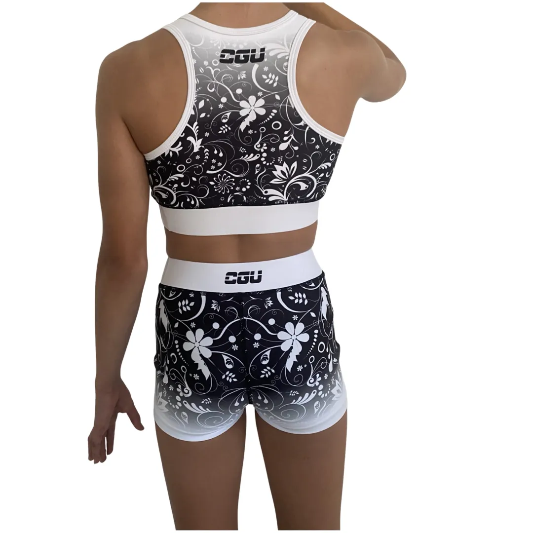 Black and White Floral Crop Top Set