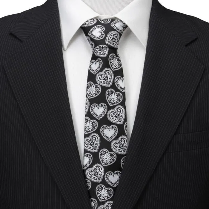 Black and White Paisley Heart Men's Tie