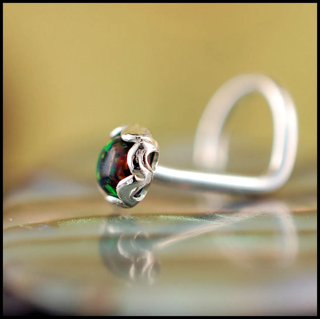 Black Opal and Silver Nose Stud in Filigree