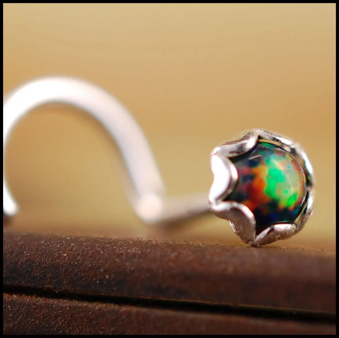 Black Opal and Silver Nose Stud in Filigree