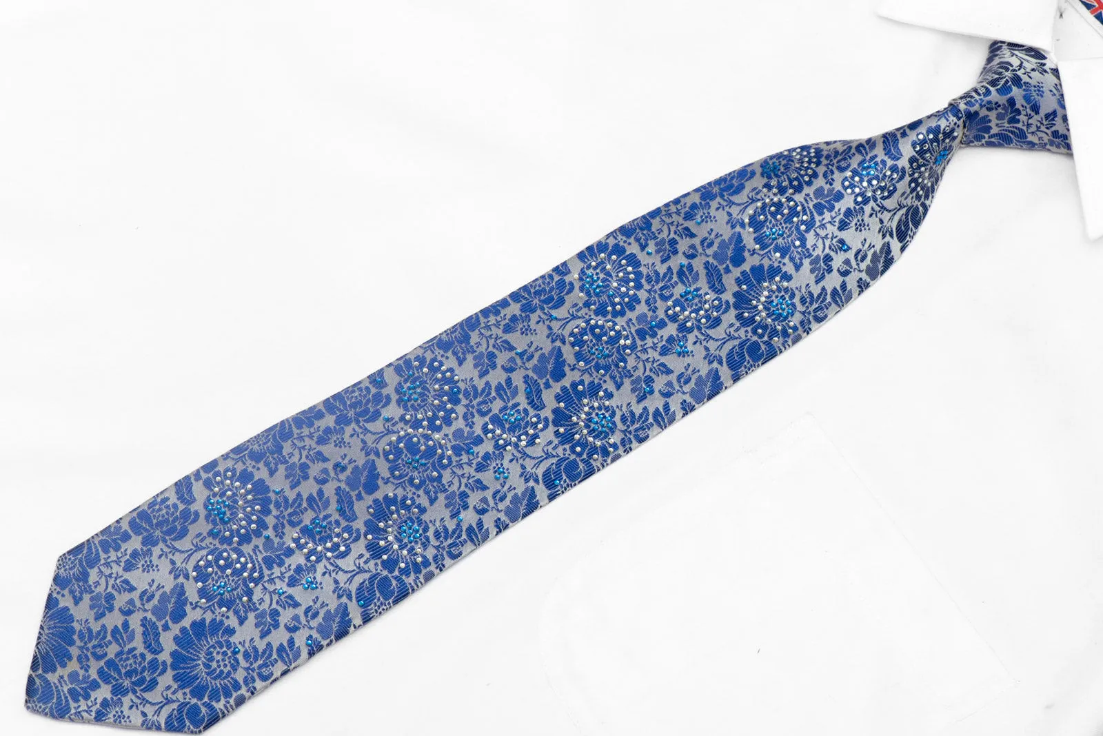 Blue Floral On Silver Rhinestone Silk Necktie