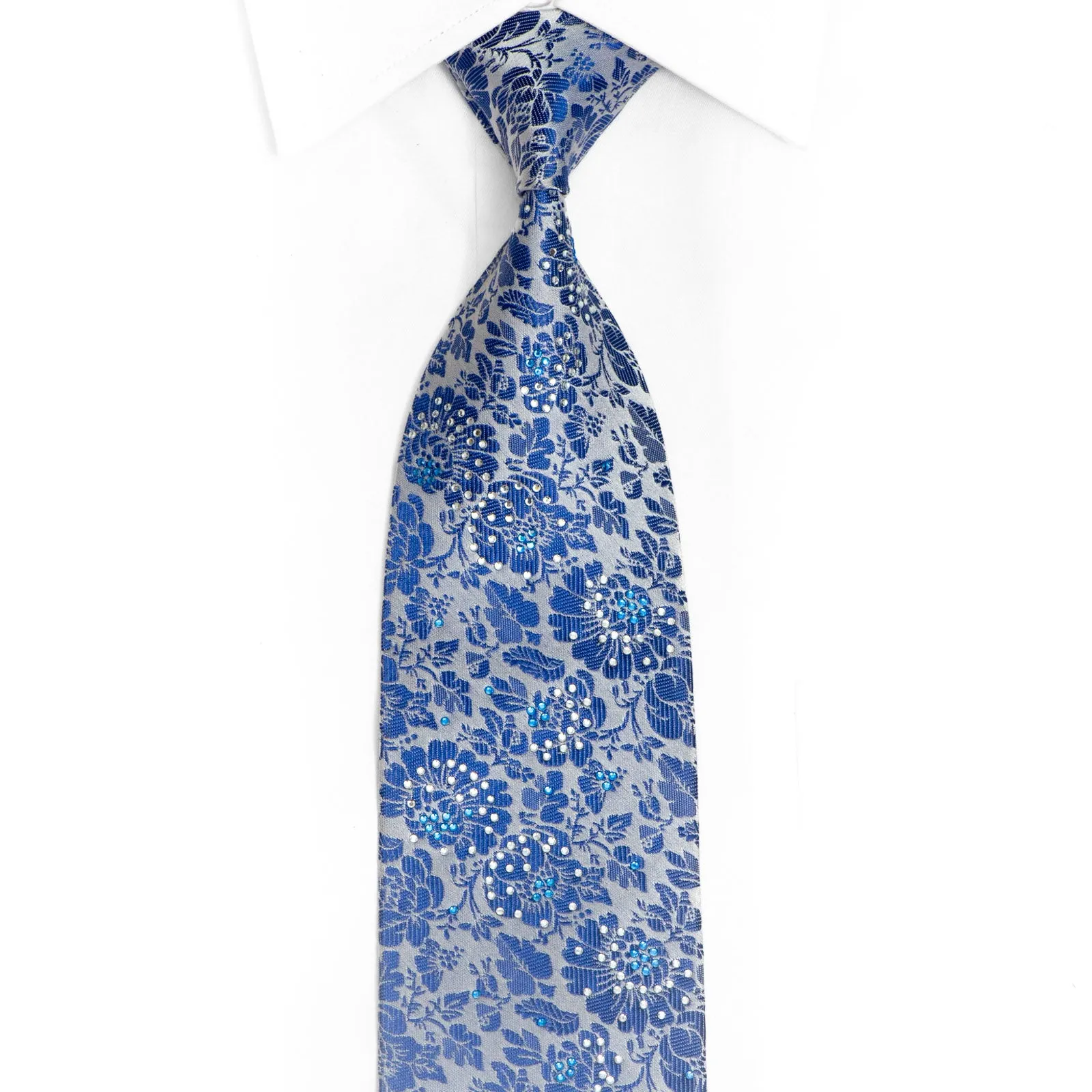 Blue Floral On Silver Rhinestone Silk Necktie