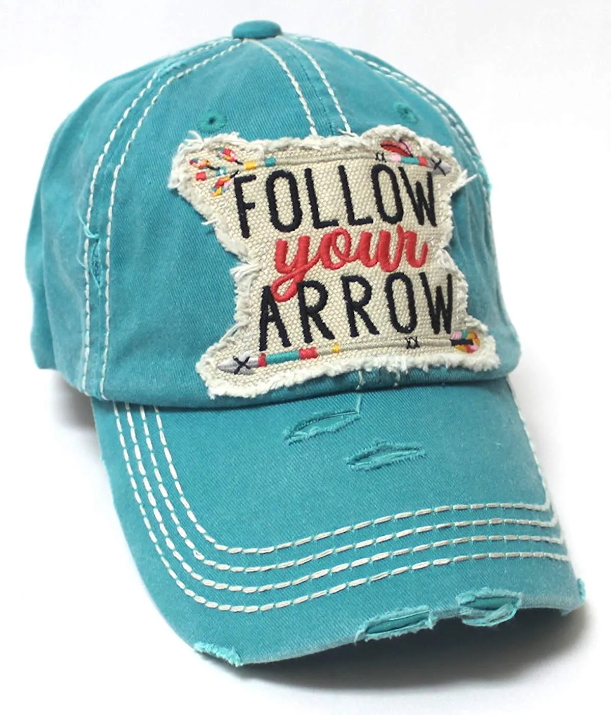 Camping Ballcap Follow Your Arrow Patch Embroidery Adjustable Baseball Hat, Turquoise Blue