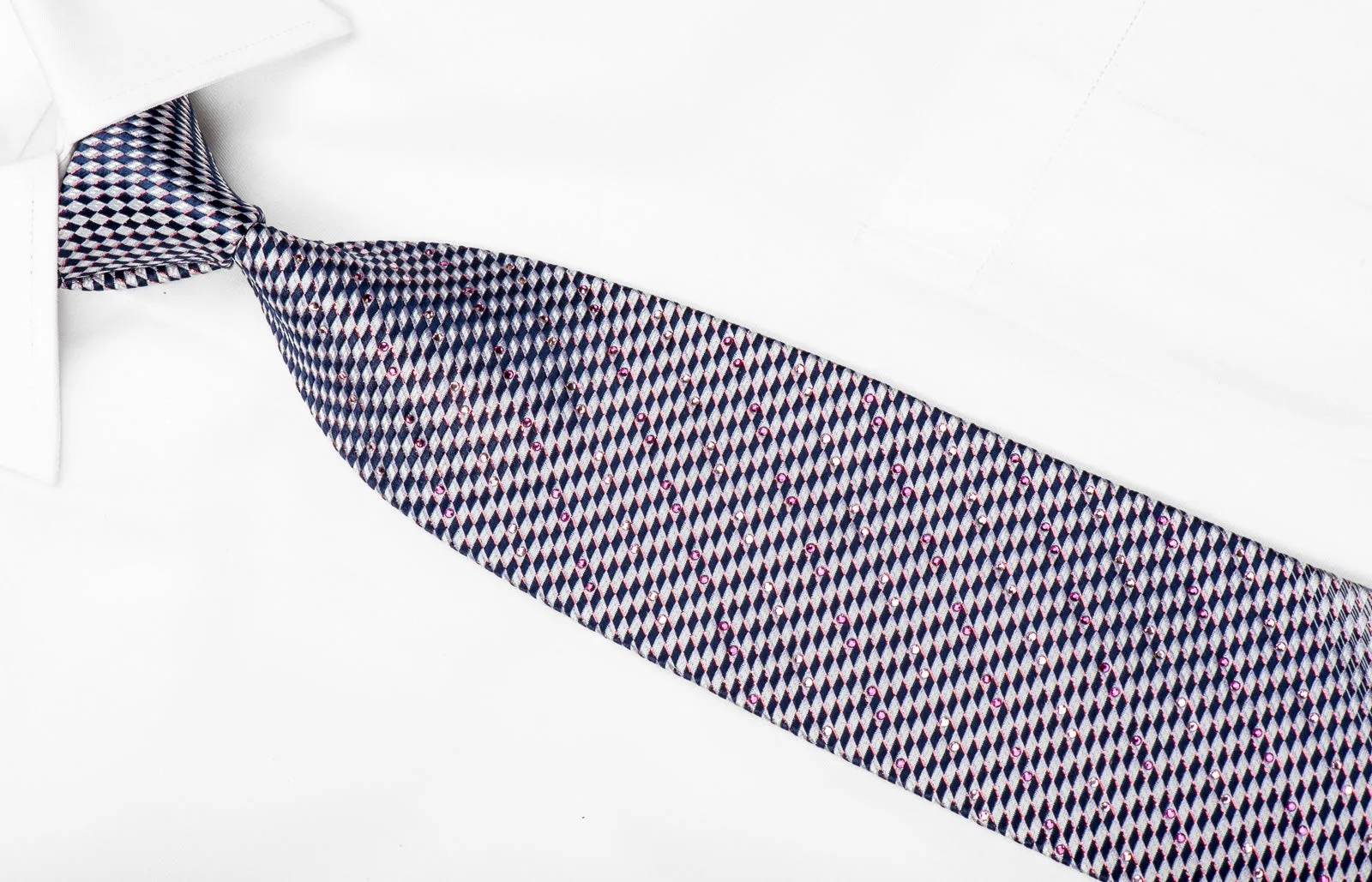 Daks Men's Crystal Silk Tie Blue Silver Geometric Checker With Red Sparkles