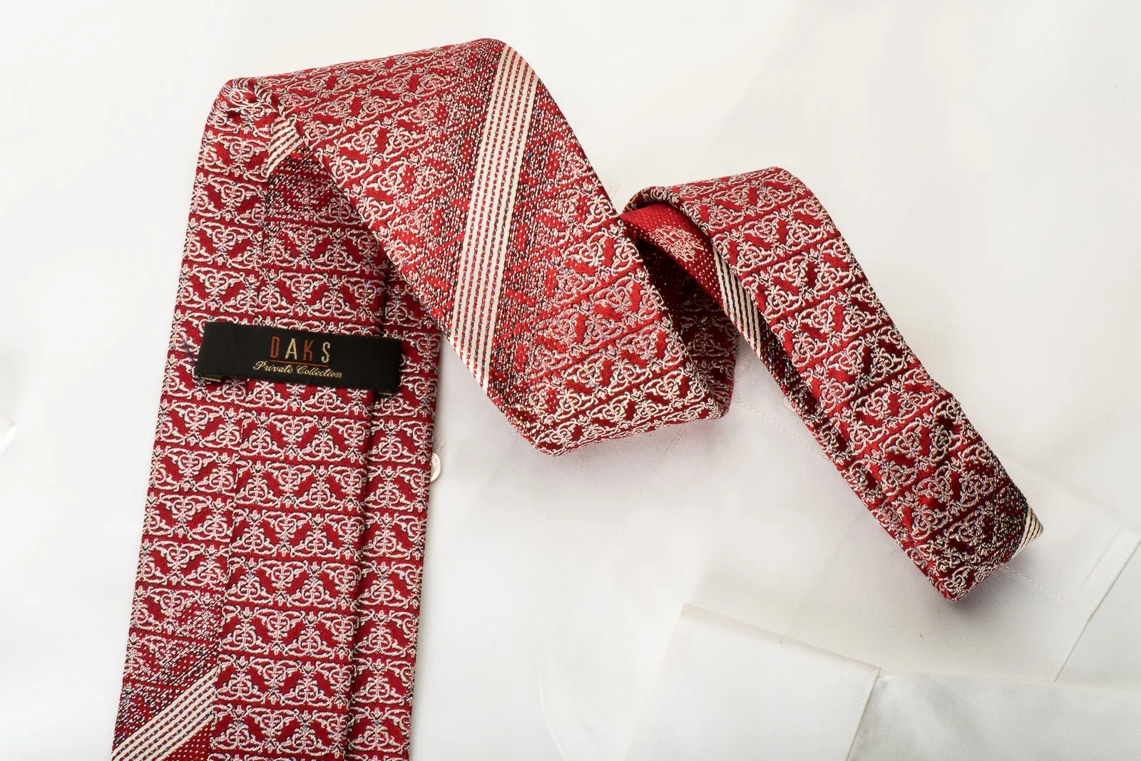 Daks Silk Necktie Silver Cartouche On Burgundy With Sparkles