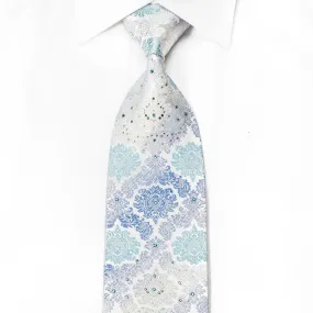 Daniel Hechter Men's Crystal Rhinestone Silk Necktie Damask On Pale Blue With Silver Sparkles