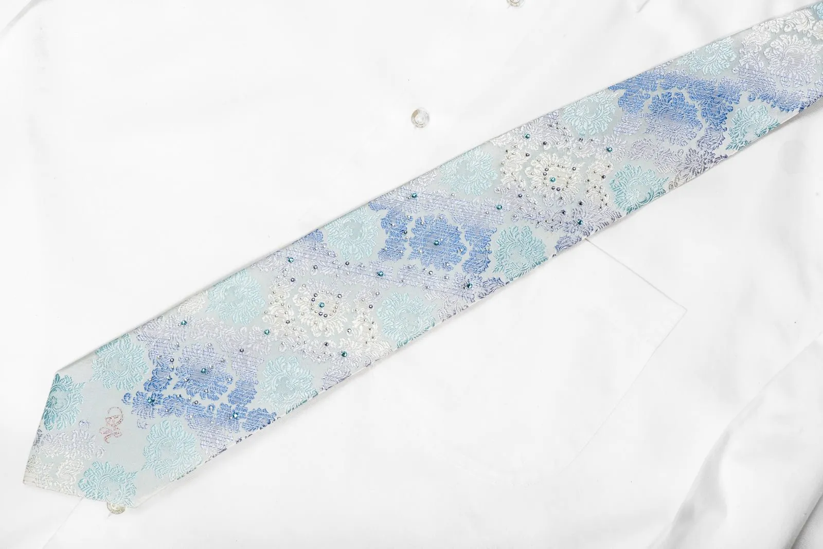 Daniel Hechter Men's Crystal Rhinestone Silk Necktie Damask On Pale Blue With Silver Sparkles