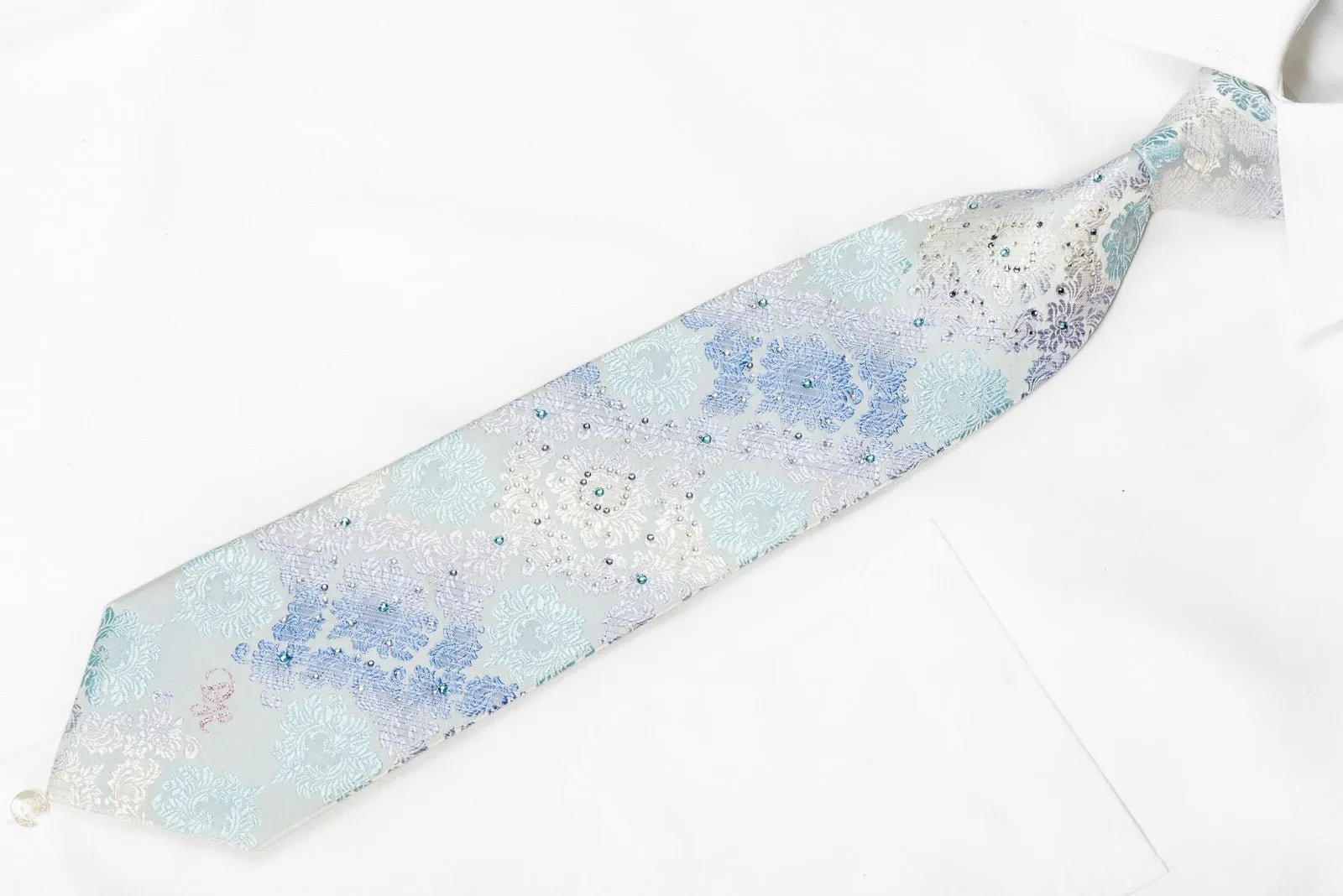 Daniel Hechter Men's Crystal Rhinestone Silk Necktie Damask On Pale Blue With Silver Sparkles