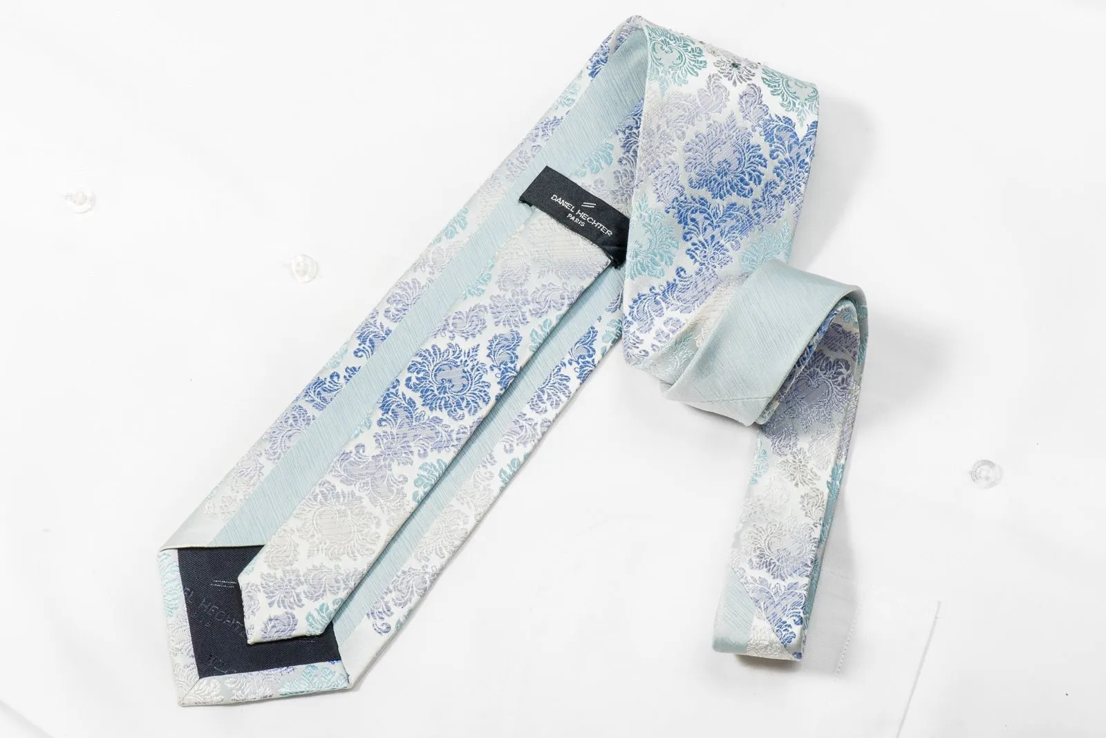 Daniel Hechter Men's Crystal Rhinestone Silk Necktie Damask On Pale Blue With Silver Sparkles