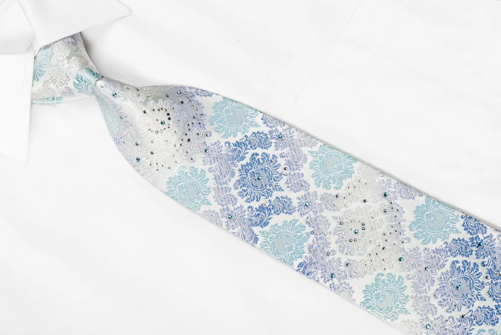 Daniel Hechter Men's Crystal Rhinestone Silk Necktie Damask On Pale Blue With Silver Sparkles