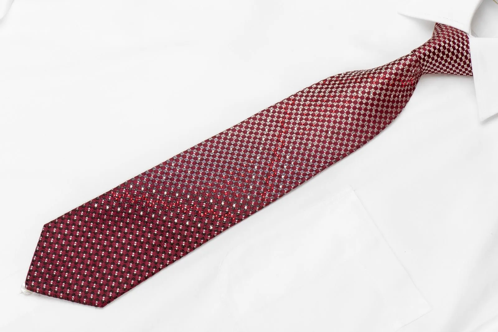 Daniel Hechter Men's Crystal Silk Necktie Silver Burgundy Checkered With Silver Sparkles