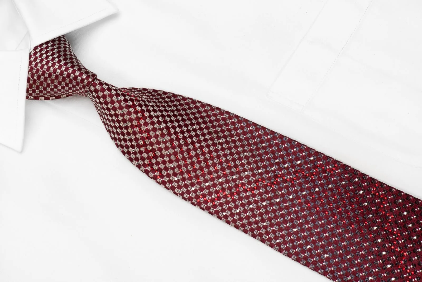 Daniel Hechter Men's Crystal Silk Necktie Silver Burgundy Checkered With Silver Sparkles