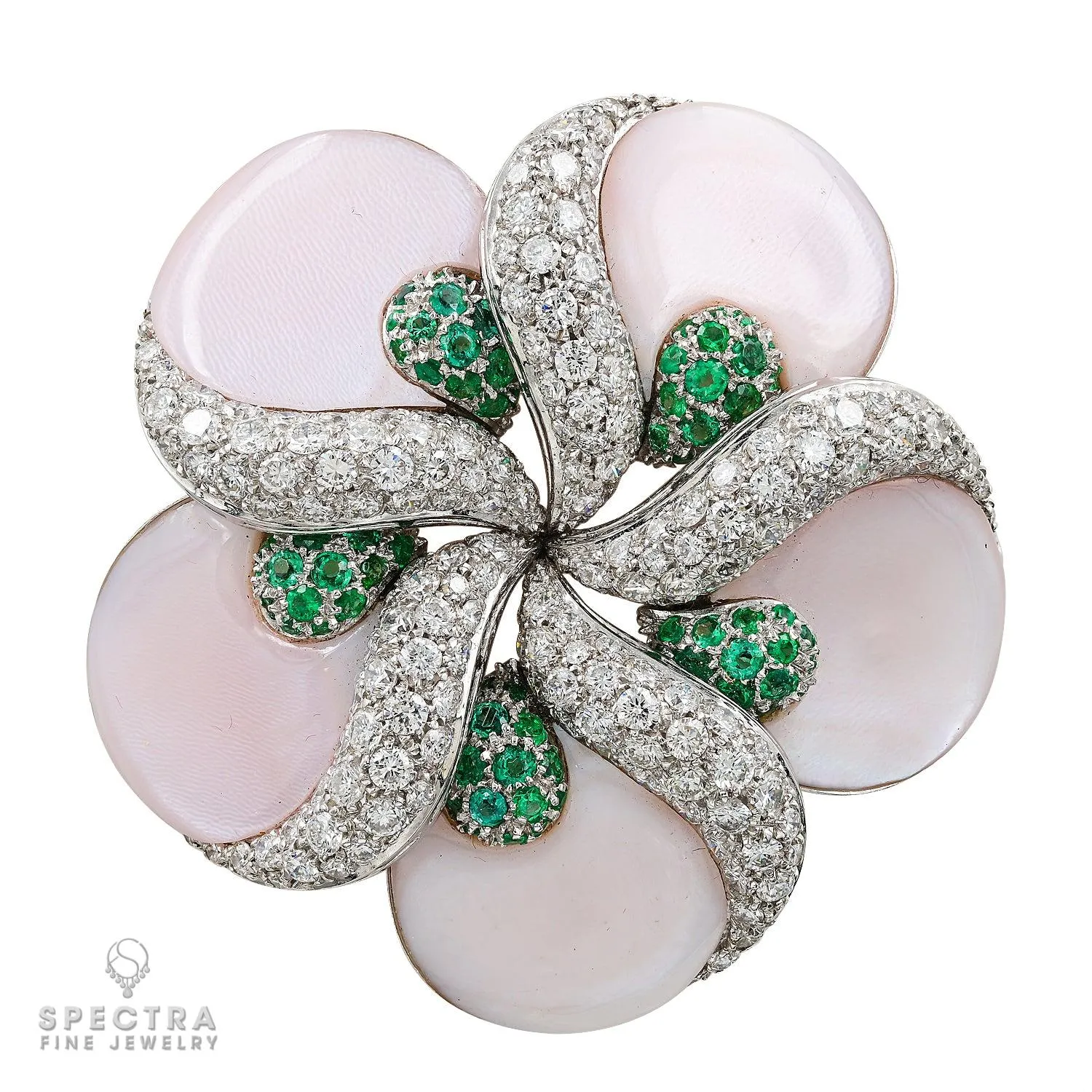 De Ambrosi's Diamond Emerald Mother of Pearl Flower Brooch