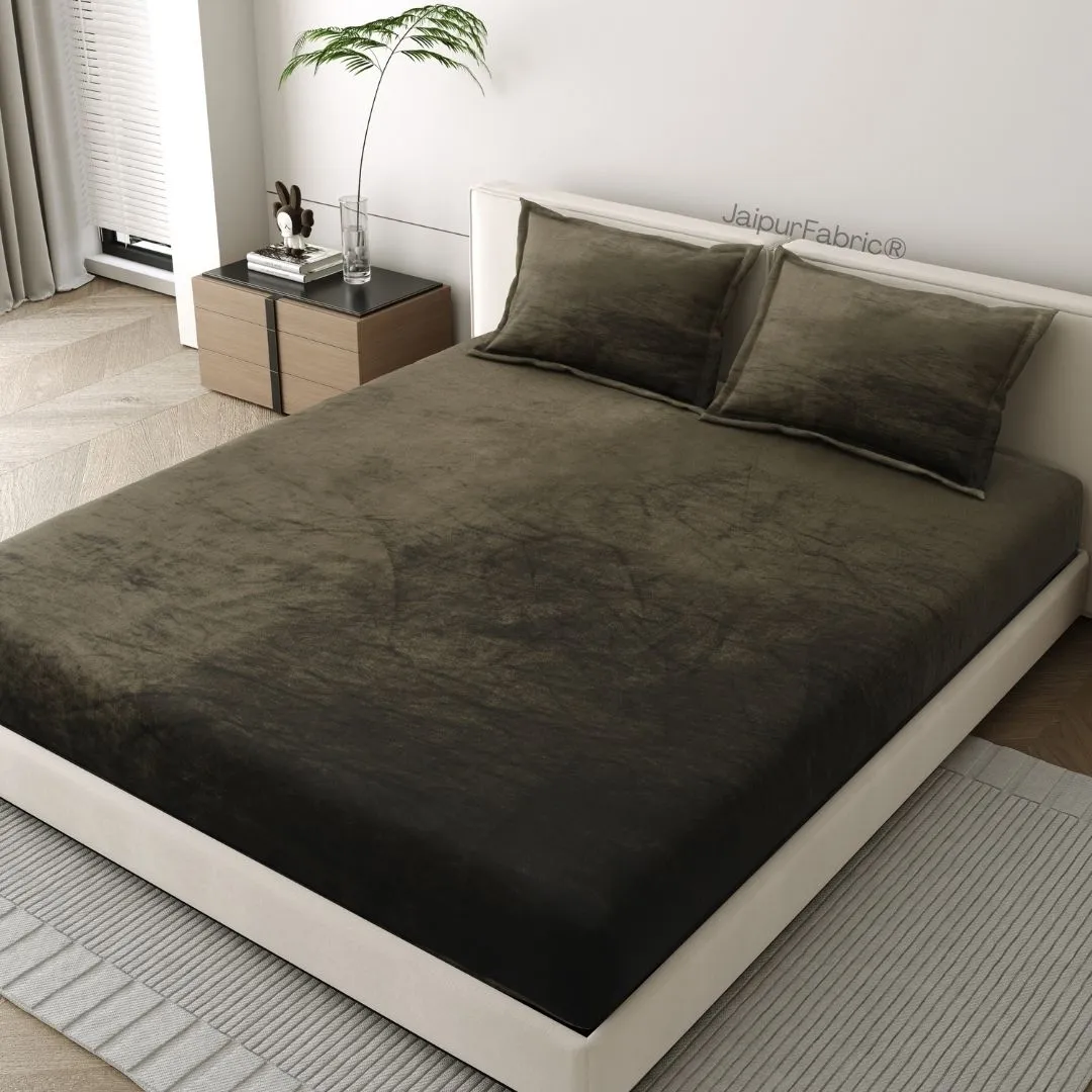 Deep Olive Green Soft Velvet Finish Double Bedsheet with Matching Pillow Covers