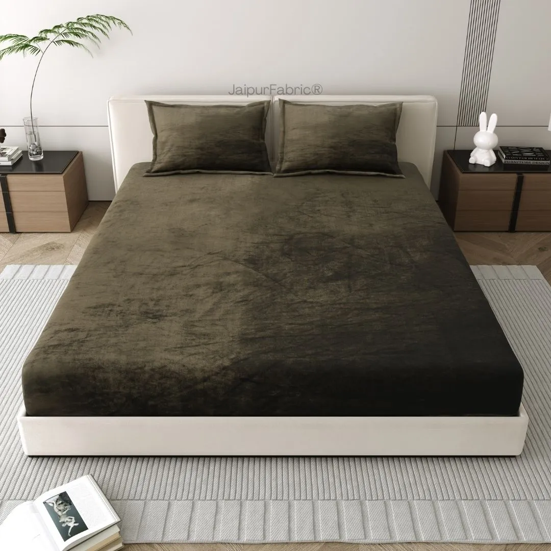 Deep Olive Green Soft Velvet Finish Double Bedsheet with Matching Pillow Covers