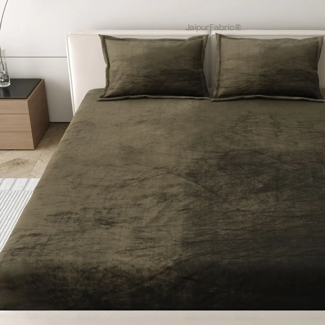 Deep Olive Green Soft Velvet Finish Double Bedsheet with Matching Pillow Covers