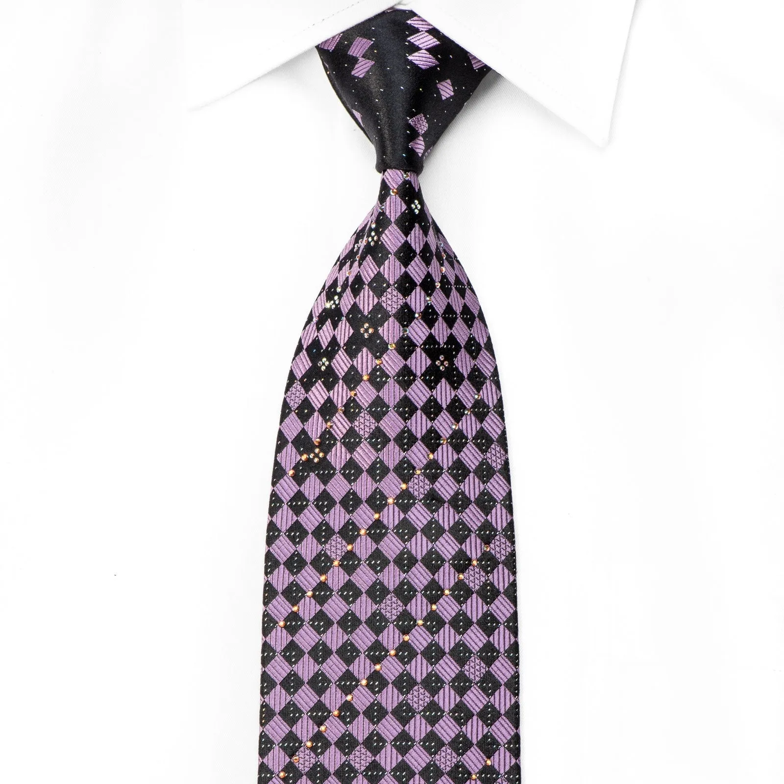 Elegance Men's Crystal Necktie Purple Black Checkered With Silver Sparkles