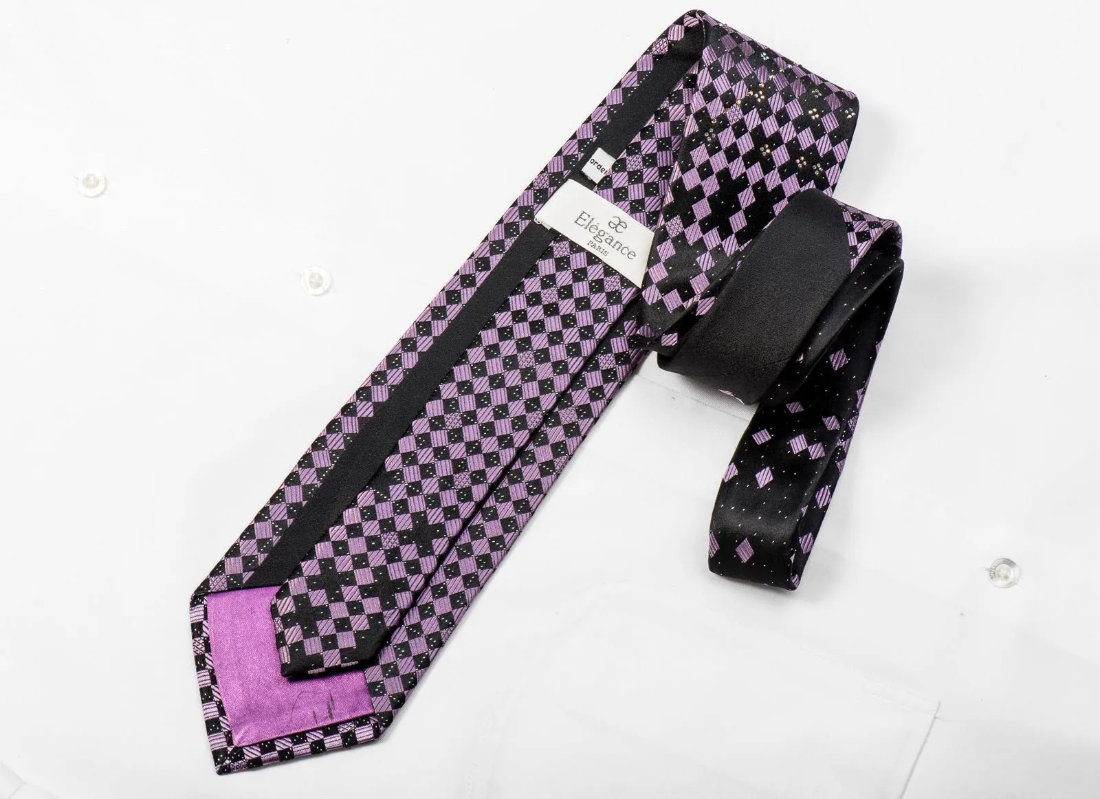 Elegance Men's Crystal Necktie Purple Black Checkered With Silver Sparkles