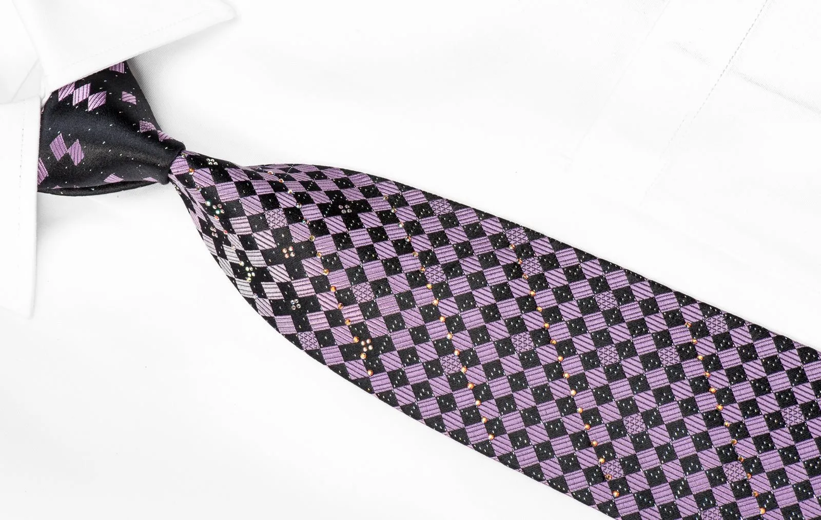 Elegance Men's Crystal Necktie Purple Black Checkered With Silver Sparkles