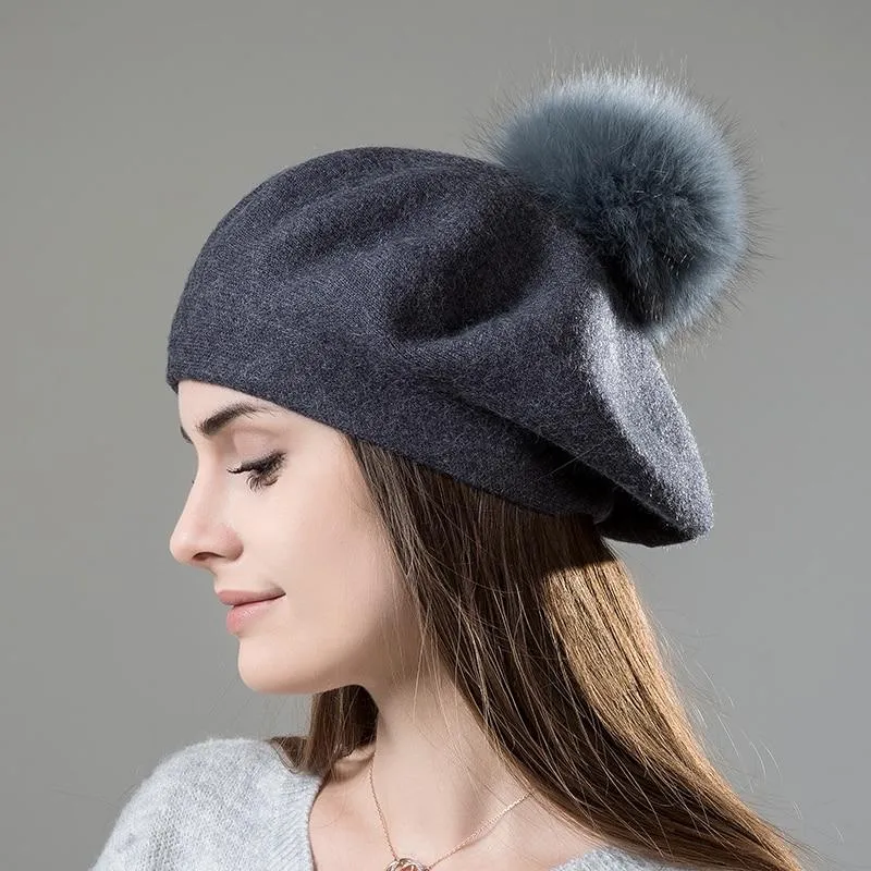 Elizabeth Knitted Wool Beret with Pompom