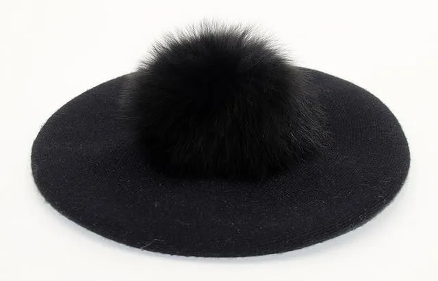 Elizabeth Knitted Wool Beret with Pompom