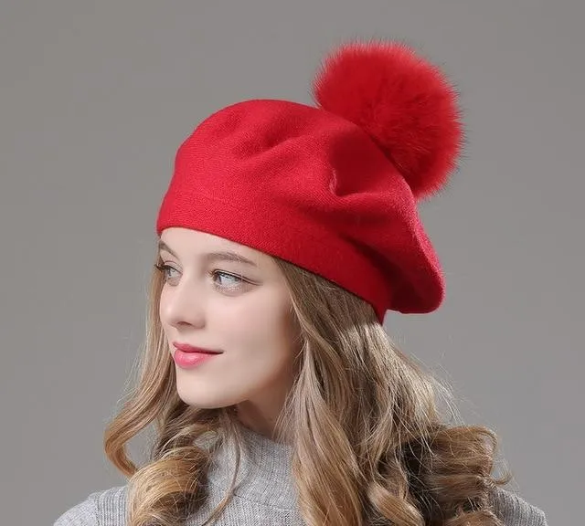 Elizabeth Knitted Wool Beret with Pompom