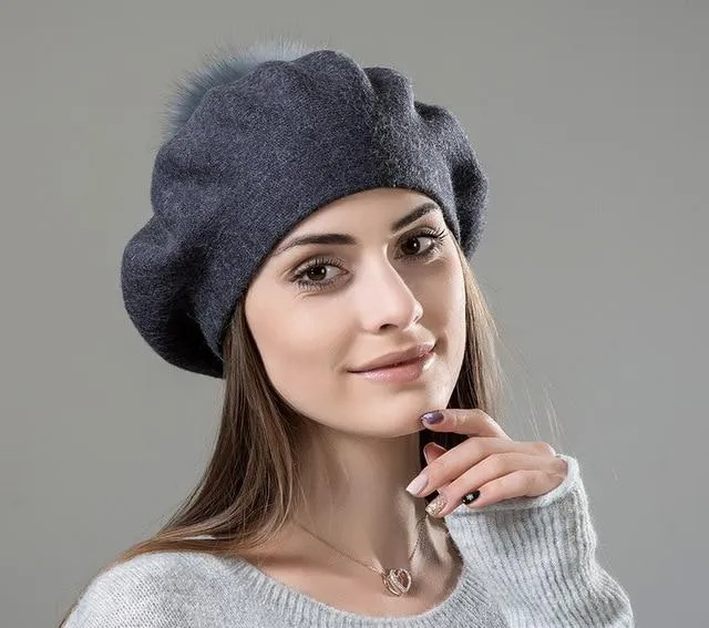 Elizabeth Knitted Wool Beret with Pompom