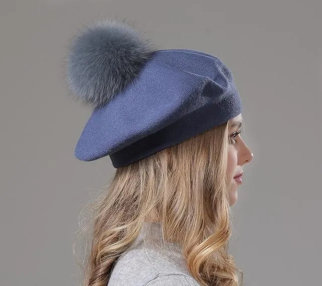 Elizabeth Knitted Wool Beret with Pompom