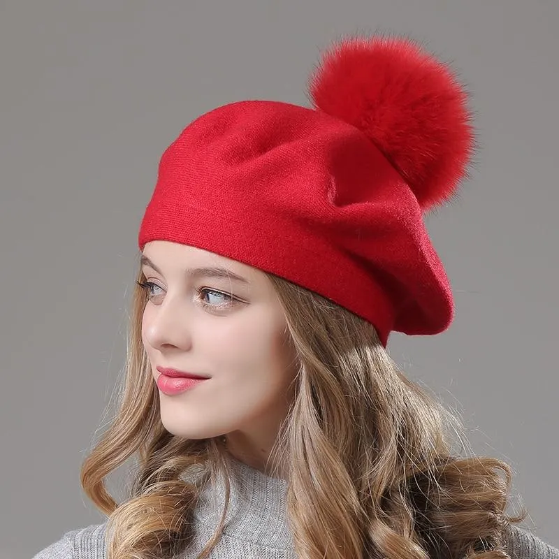 Elizabeth Knitted Wool Beret with Pompom