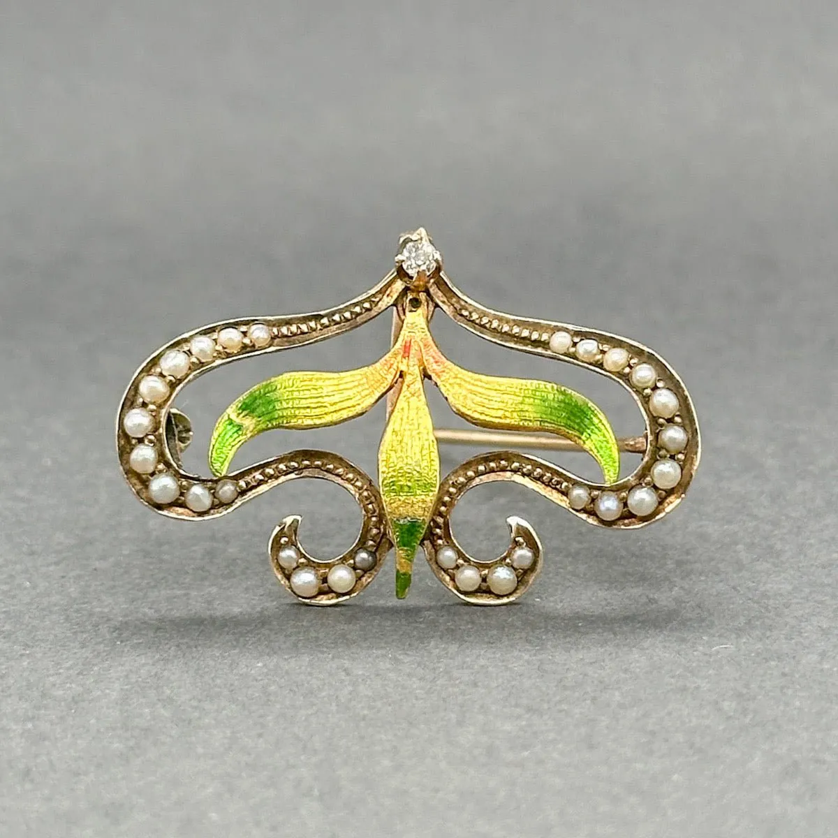 Estate Art Nouveau 10K R Gold 0.03ct I-J/SI1 Diamond & Pearl Brooch