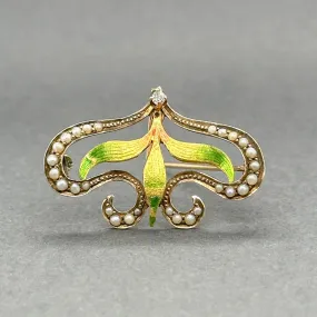 Estate Art Nouveau 10K R Gold 0.03ct I-J/SI1 Diamond & Pearl Brooch