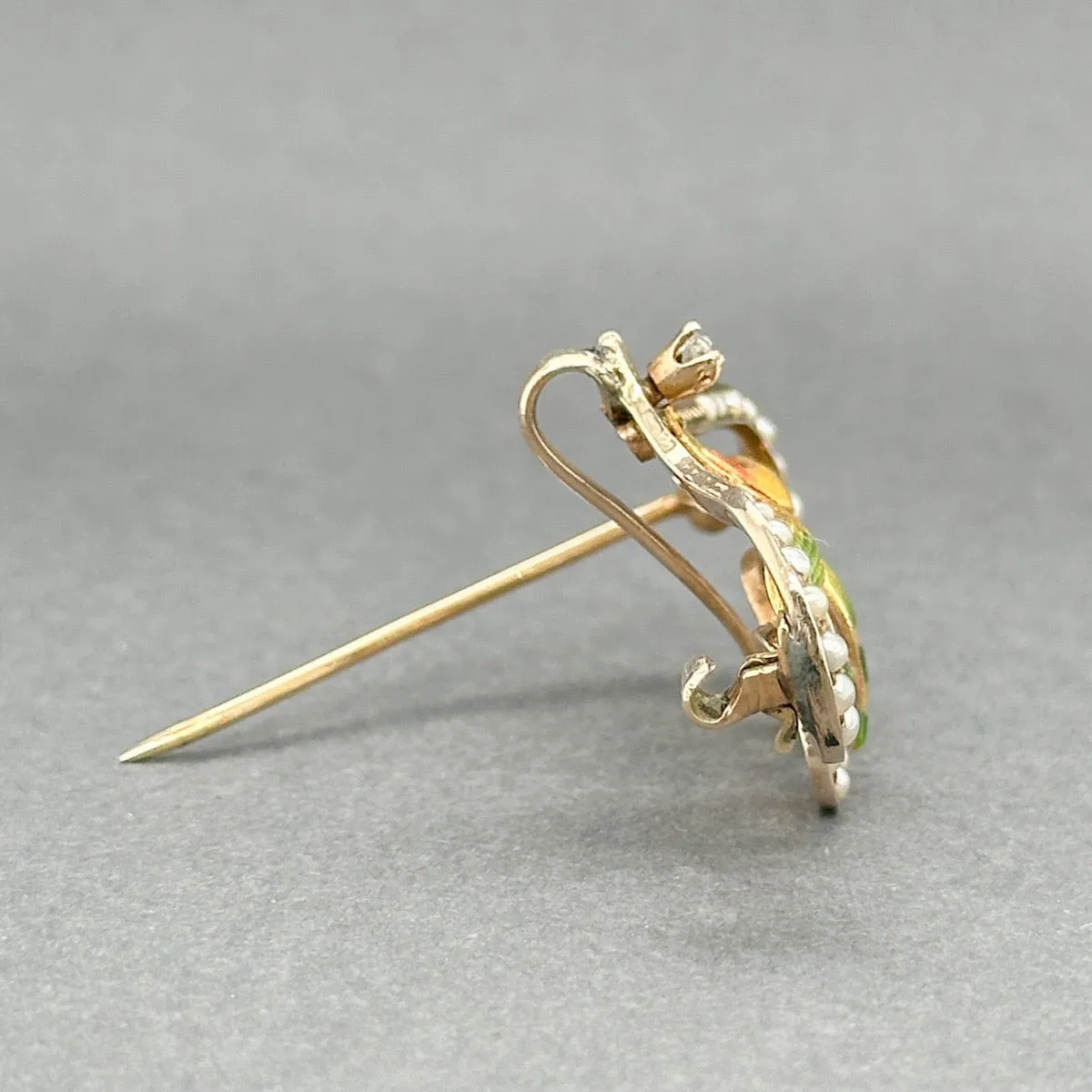 Estate Art Nouveau 10K R Gold 0.03ct I-J/SI1 Diamond & Pearl Brooch