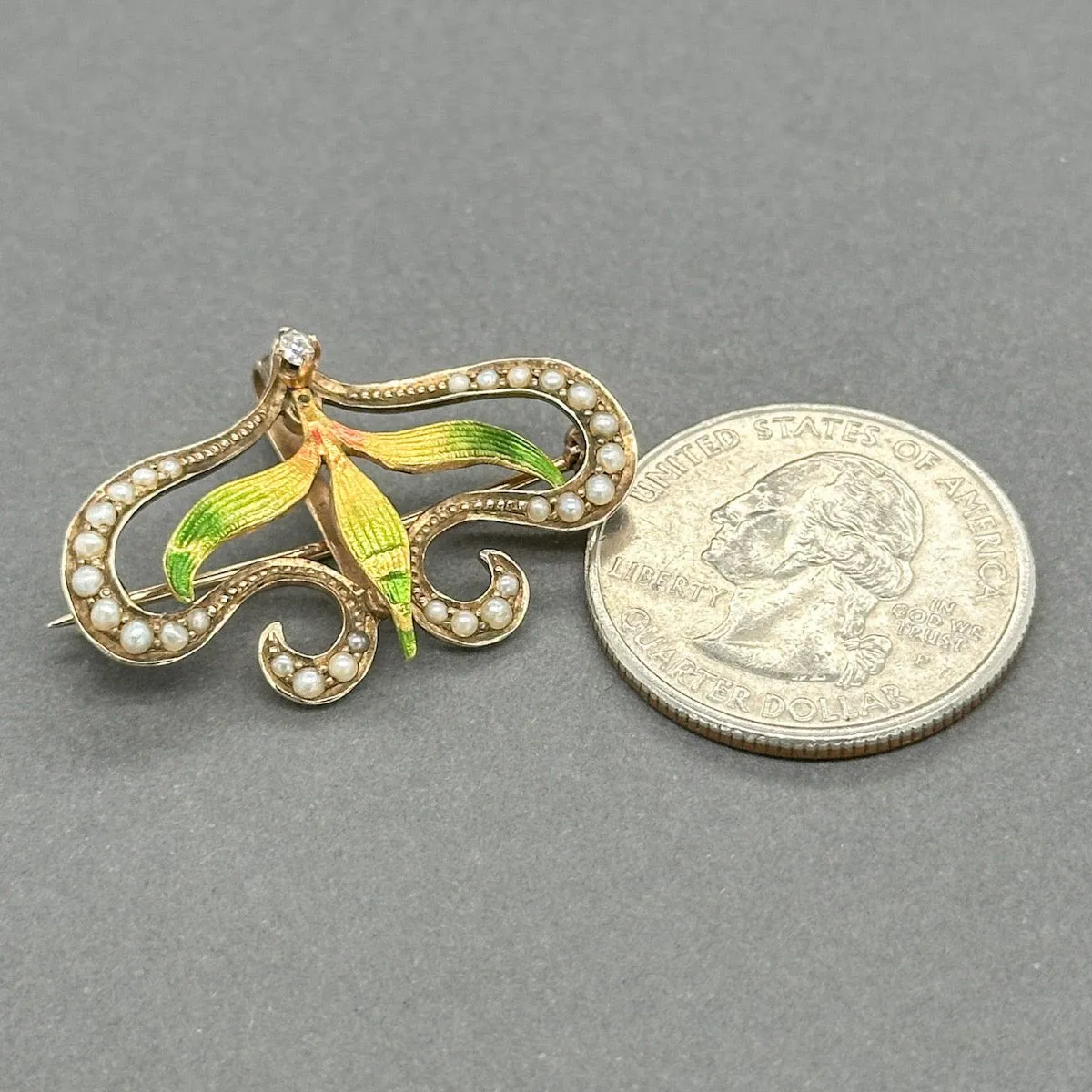 Estate Art Nouveau 10K R Gold 0.03ct I-J/SI1 Diamond & Pearl Brooch